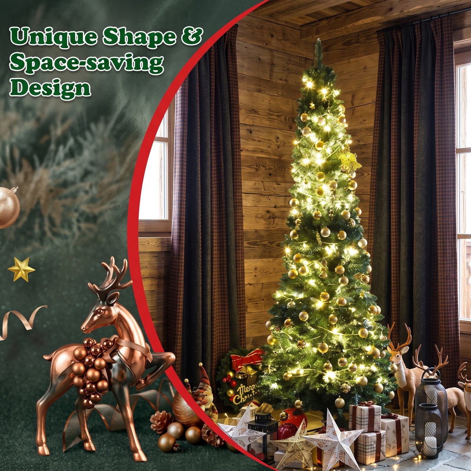 RUIE 7FT Artificial Slim Pencil Christmas Tree, PVC Unlit Narrow Xmas Tree with 700 Branch Tips and Sturdy Iron Stand for Home Holiday Corner Decor, Green