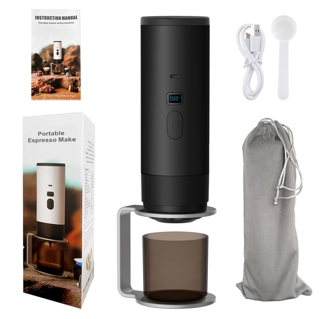 3-in-1 Portable Electric Coffee Maker, Capsule Coffee Grinder, Travel Coffee Maker with Cordless Heating and Stand, Black