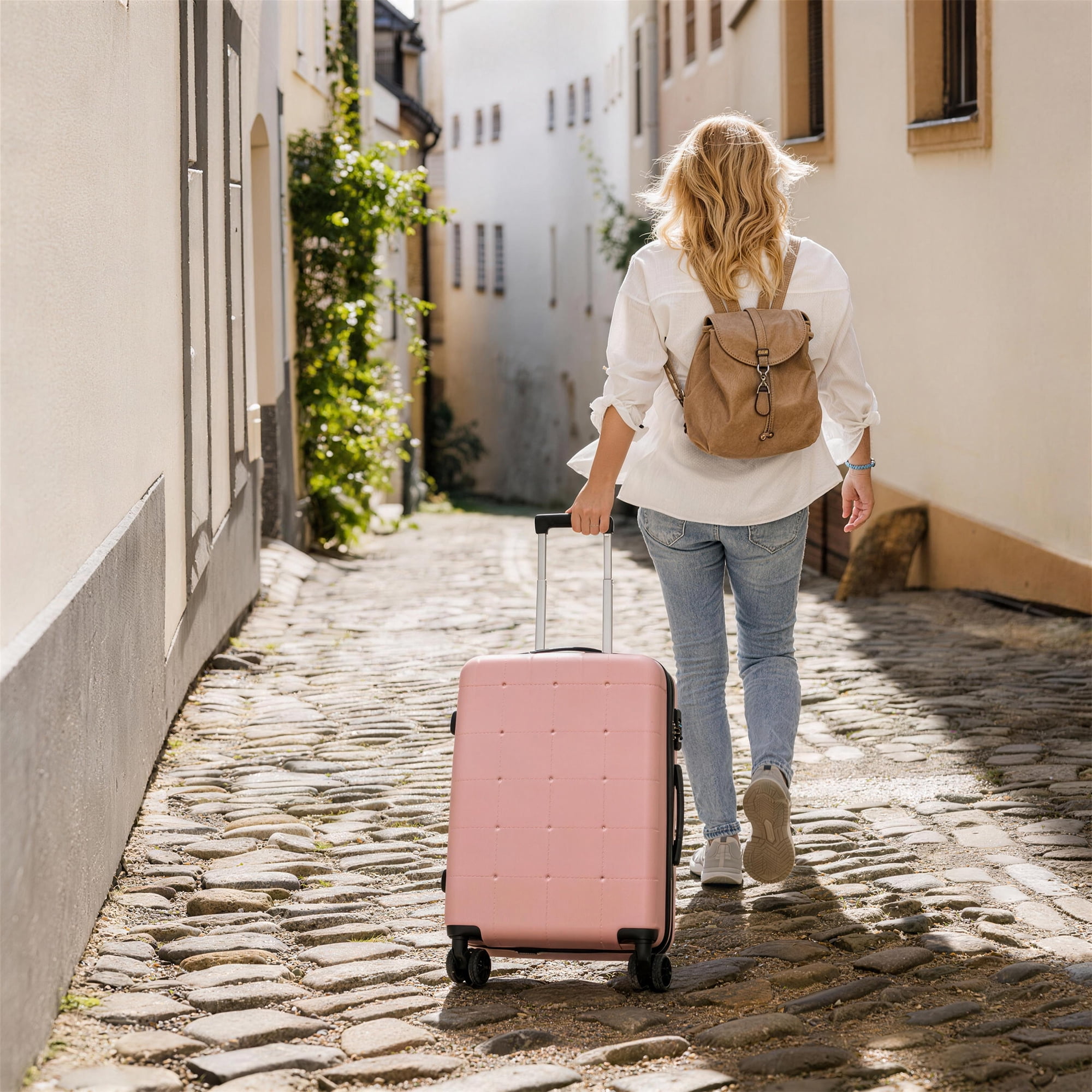 Euroco Luggage Sets 5 Piece, ABS Hardside Expandable Suitcase Set with TSA Lock Spinner Wheels and 2 Bags,20" Half-opening Carry on Luggage with USB Port for Travel,Light Pink(20"/24"/28")