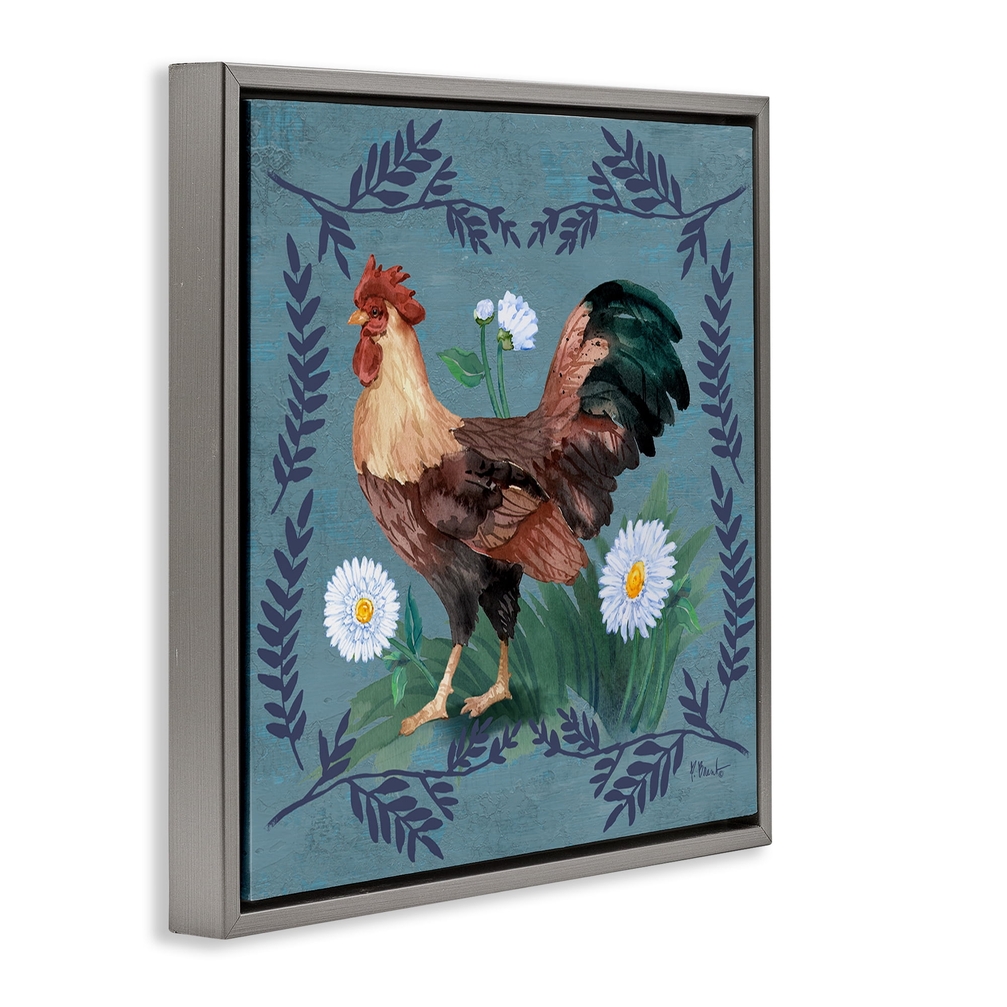 Stupell Industries Rooster & Fern Trim Animals & Insects Painting Gray Floater Framed Canvas Art Print Wall Art, 25 x 25