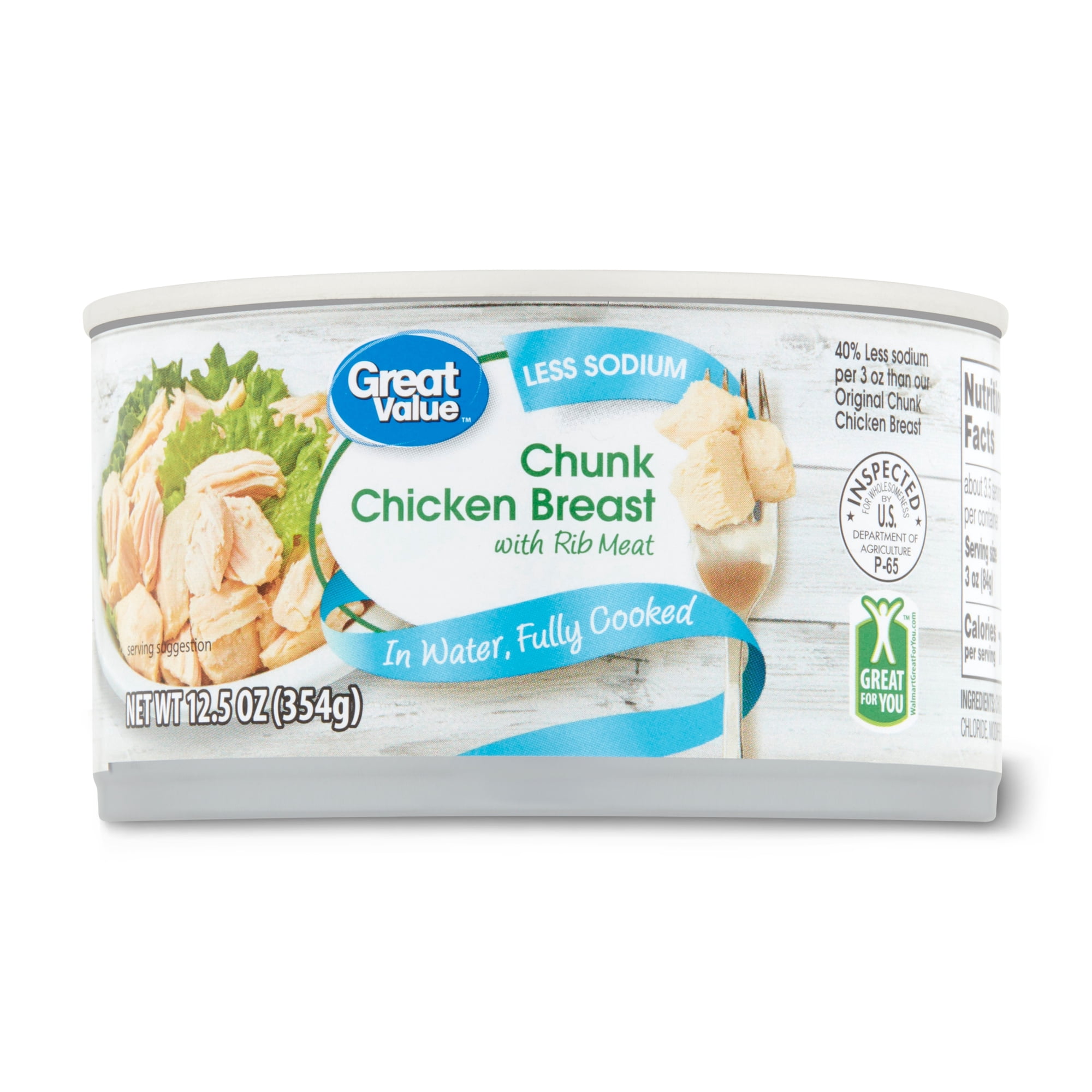 (6 pack) Great Value Less Sodium Chunk Chicken Breast with Rib Meat in Water, 12.5 oz Can