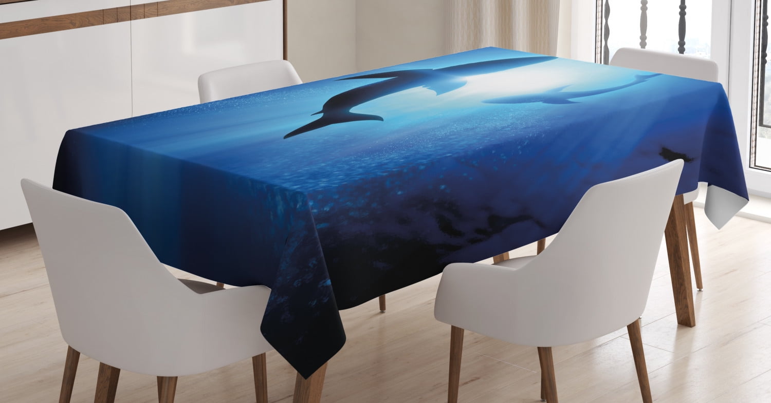 Shark Tablecloth, Underwater World with Fish Silhouettes Circling in