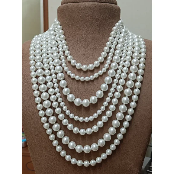 Vintage Necklace Chunky Faux Pearl Beaded Layered 7 Strands Statement Jewelry