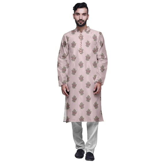Atasi Printed Mens Kurta & White Churidar Pyjama Set Mandarin Neck Ethnic Wear