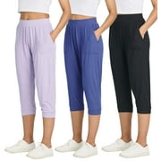 Real Essentials 3 Pack: Women's Ribbed Capri Jogger Lounge Sweatpants with Pockets Yoga Workout (Available In Plus Size)