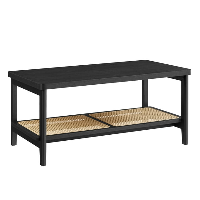 Boho style 2-tier rectangular coffee table with ash black wood frame and natural PVC rattan lower shelf, featuring rounded corners.