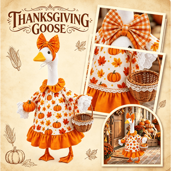 Fall Porch Goose Outfit Pumpkin Dress Goose Costume for Outdoor Lawn Decor | for 23" Lawn Plastic/Cement Statue, with Basket, Fall Harvest Autumn Thanksgiving Courtyard Garden Patio Yard Decoration