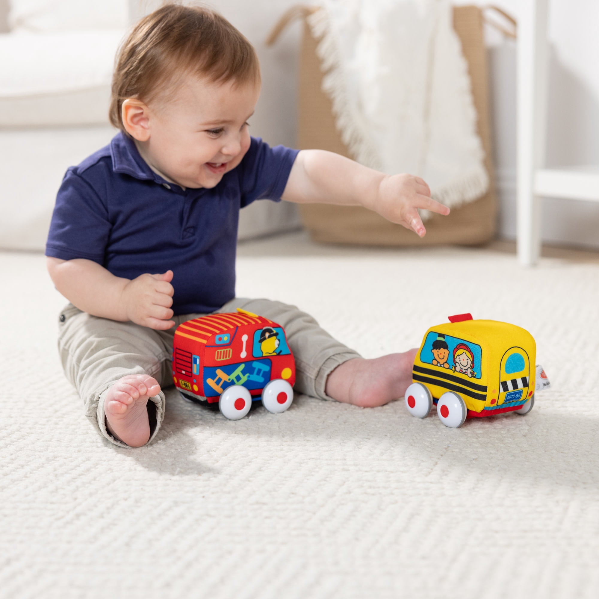 Melissa & Doug K's Kids 2 Pull-Back Vehicles Set - Soft Baby Toy Bus, Fire Engine for Girls, Boys