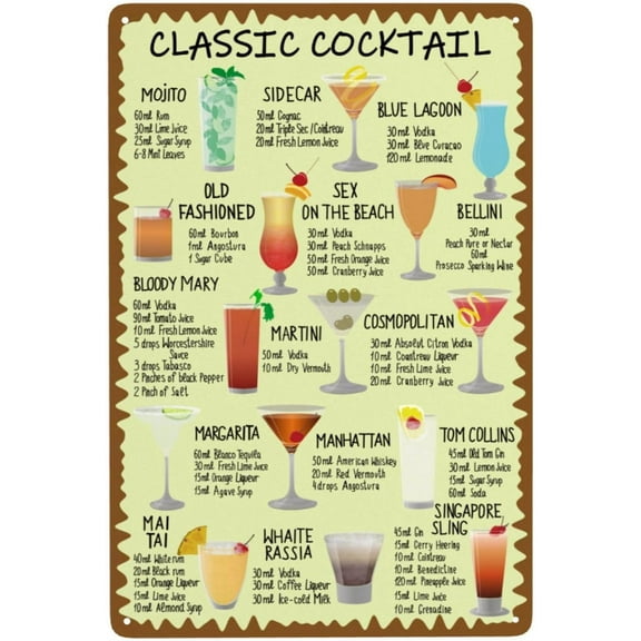 8 x 12 in Metal Tin Sign - Classic Cocktail Recipes Tin Sign Kinds of Beer Wine Drink List Vintage Poster Tin Painting Metal Sign Decor Iron Plating 8x12in