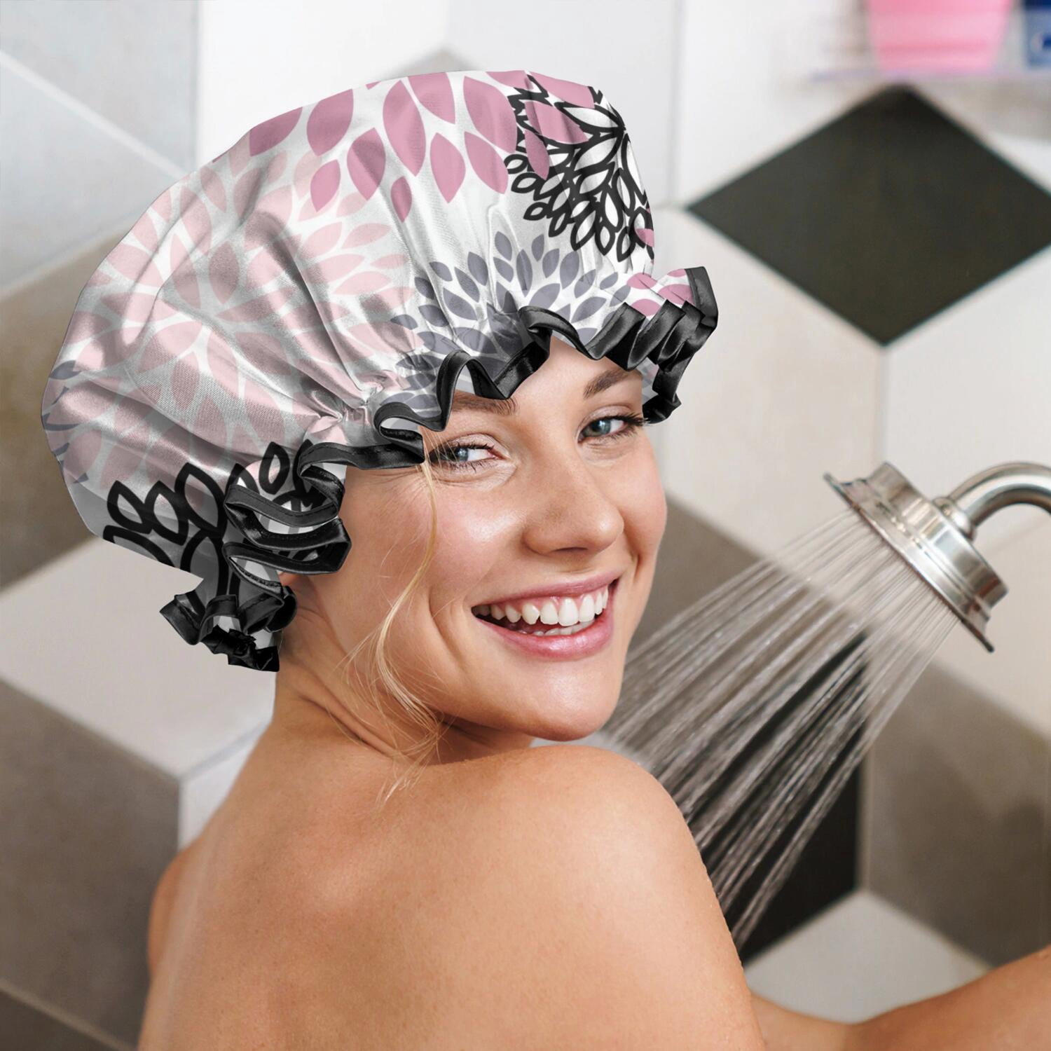 Shower Caps,Pink Floral and Petal Pattern Waterproof Shower Cap for Women 4 Pieces,Double Reusable Hair Cover for Shower PEVA Elastic Stretch Hem