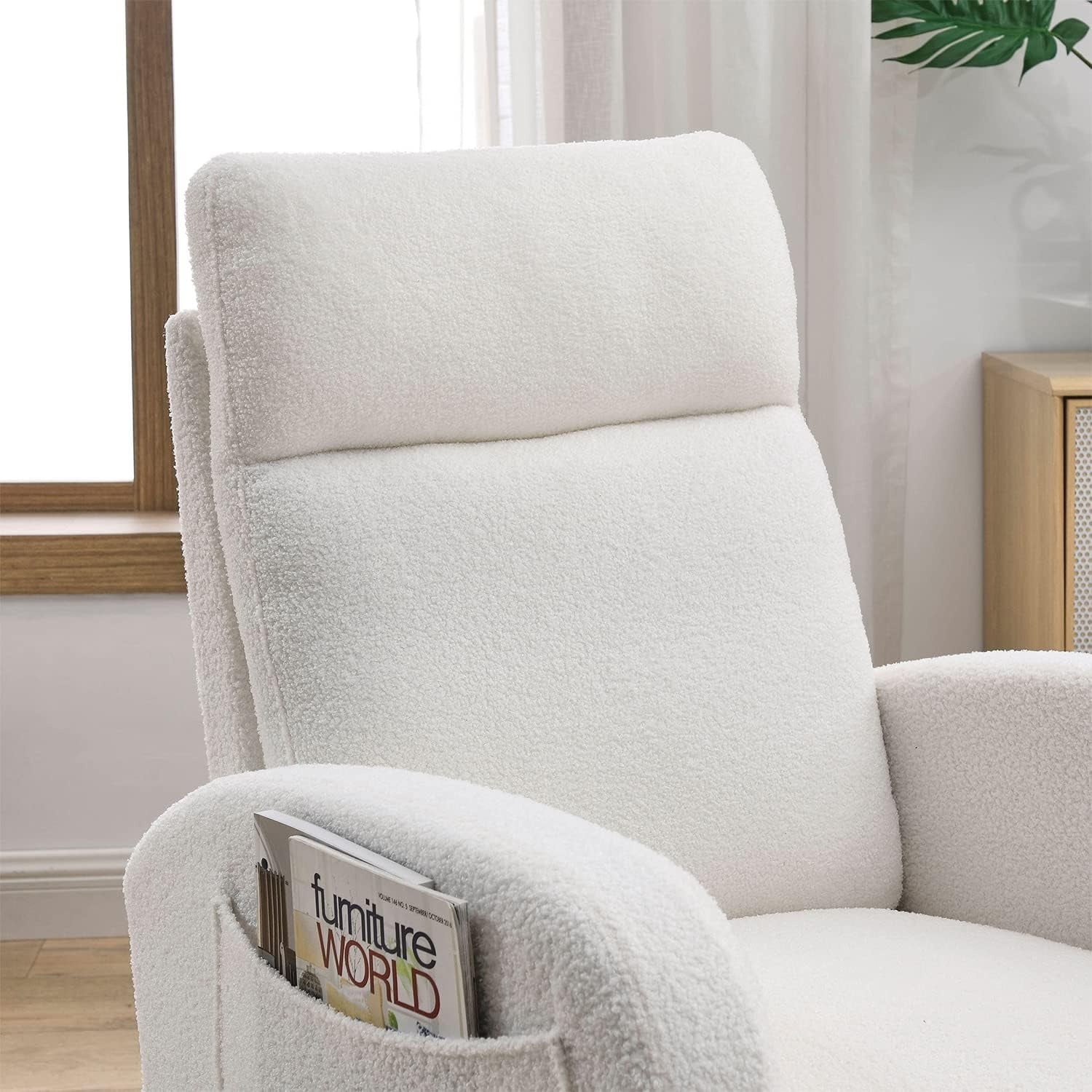 Nursery Rocking Glider Chair, Modern Fabric Tall Back Accent Rocker Chair Upholstered Arm Chair w/Side Pockets, Modern Leisure Single Sofa for Living Room, Hotel, Bedroom, Office, Grey
