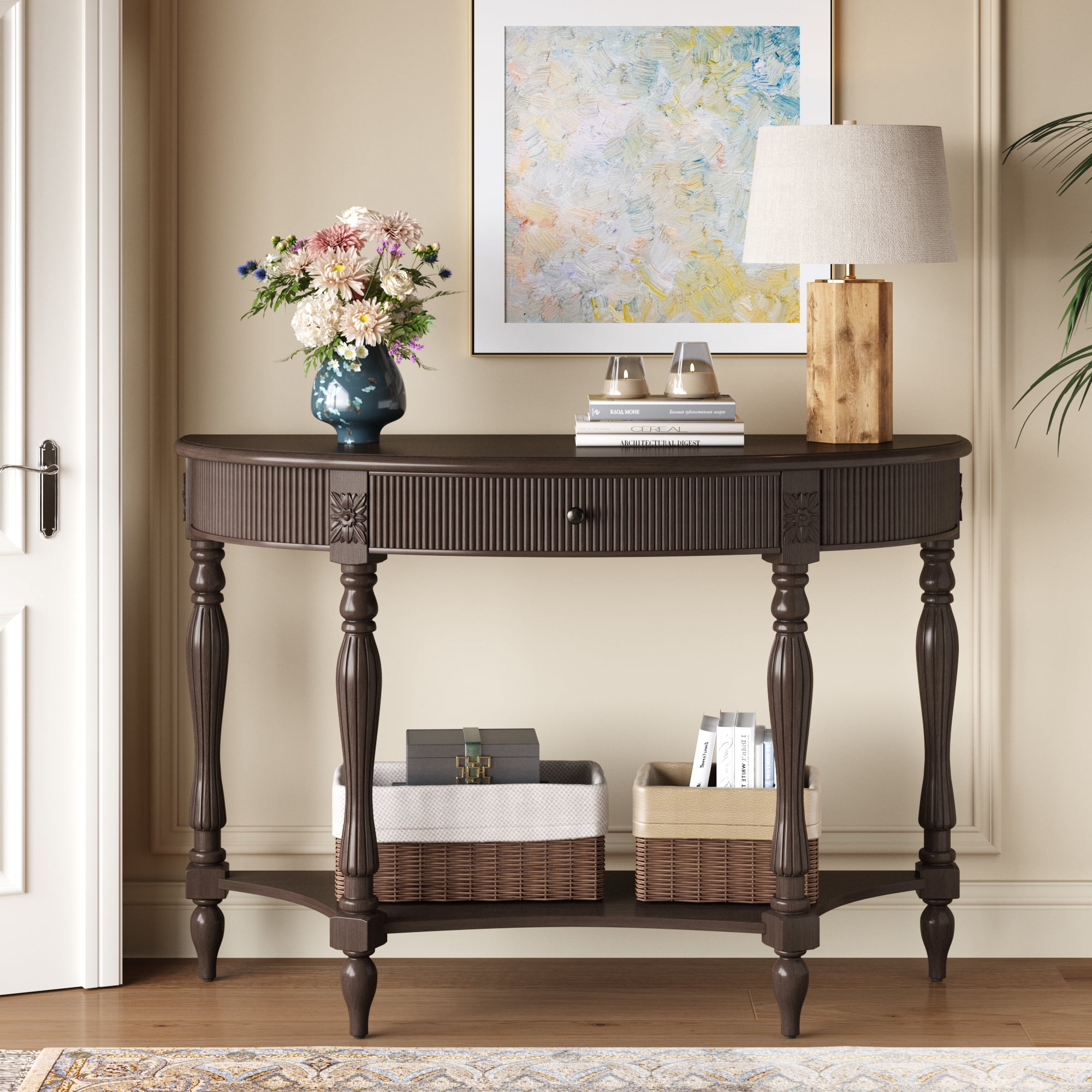 Half Moon Console Table 31.5x11.8x31.5 Inch Solid Wood Fluted Drawer for Entryway Living Room