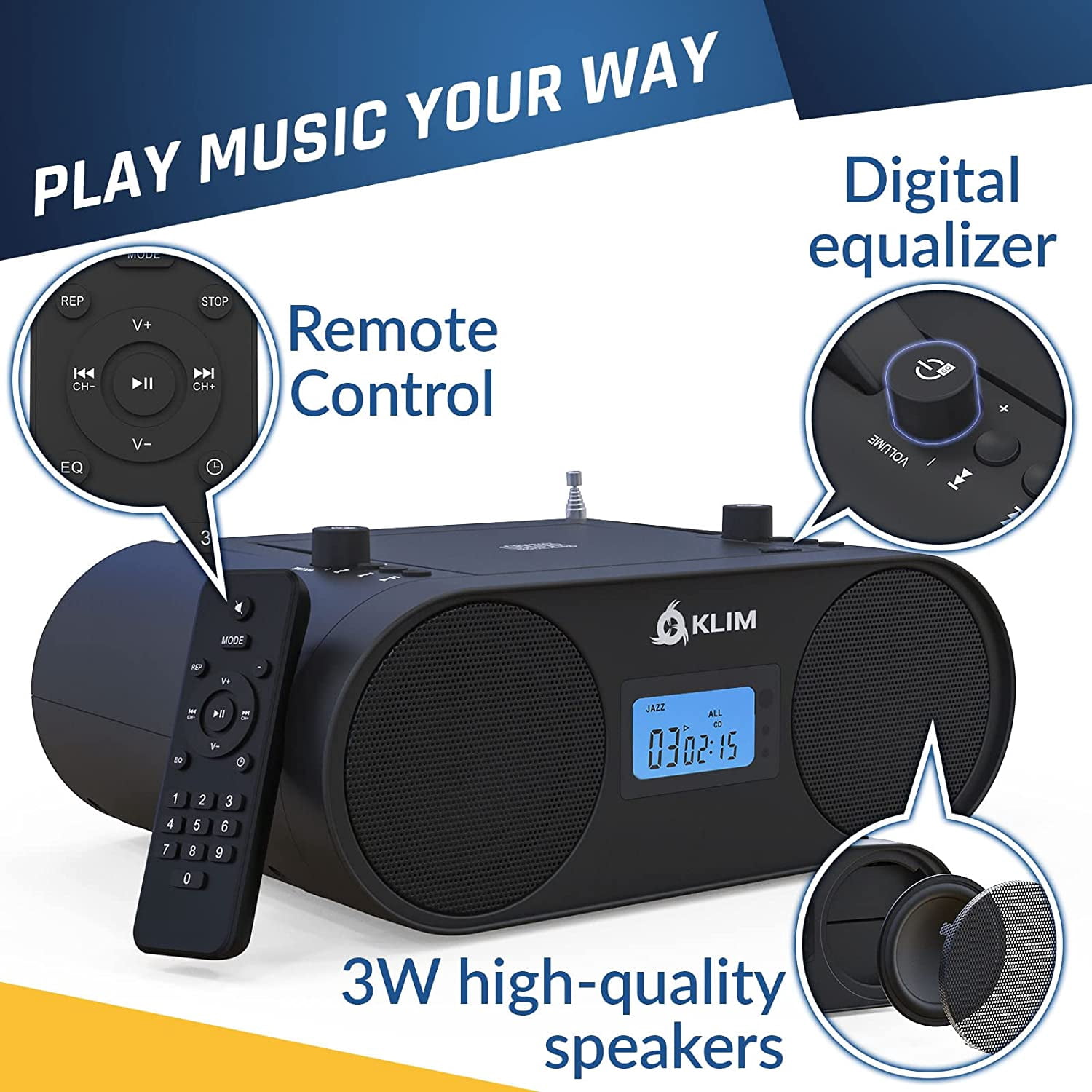Restored KLIM Boombox B4 CD Player Portable Audio System + AM/FM Radio, MP3, Bluetooth, AUX, USB Wired & Wireless Mode, Rechargeable Battery, Remote (Refurbished)
