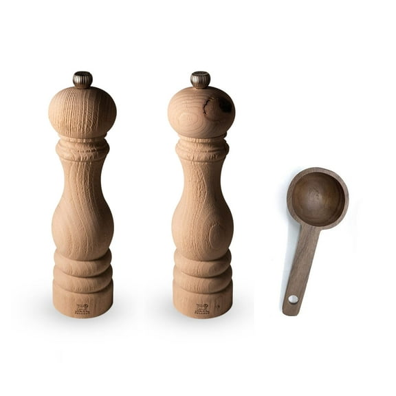 Peugeot Paris Nature 9 inch Salt & Pepper Mills Gift Set - With Wooden Spice Scoop