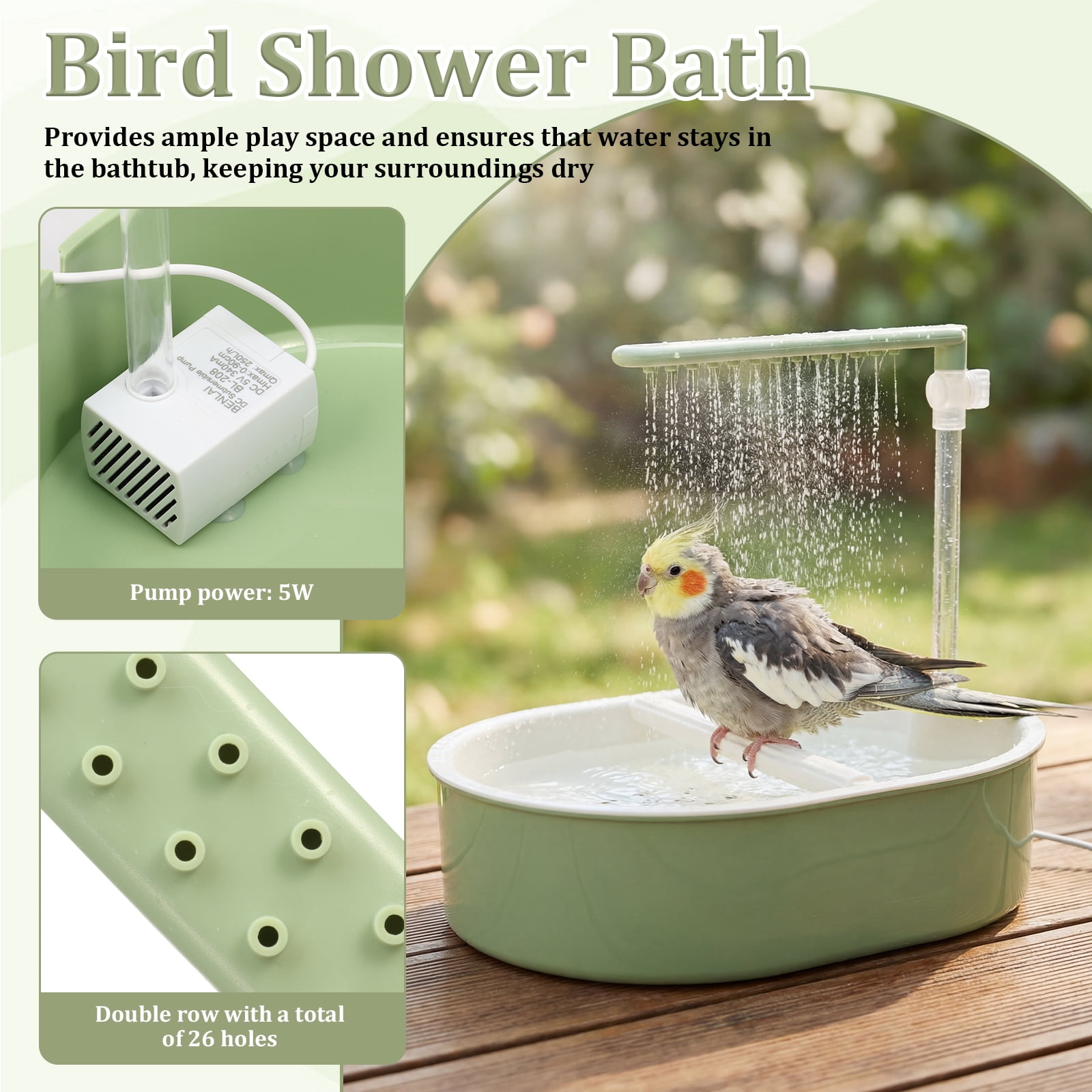 Threns Parrot Bathtub Bird Automatic Bath Shower,Large Bird Shower Fountain Indoor Bathtub with Running Water for Pet Birds, African Grey, Cockatiel, Conure, Budgie