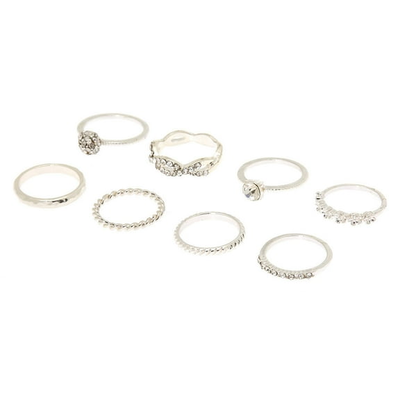 Claire's 8 Piece Silver Metal Ring Set Small/Medium Female, Teen