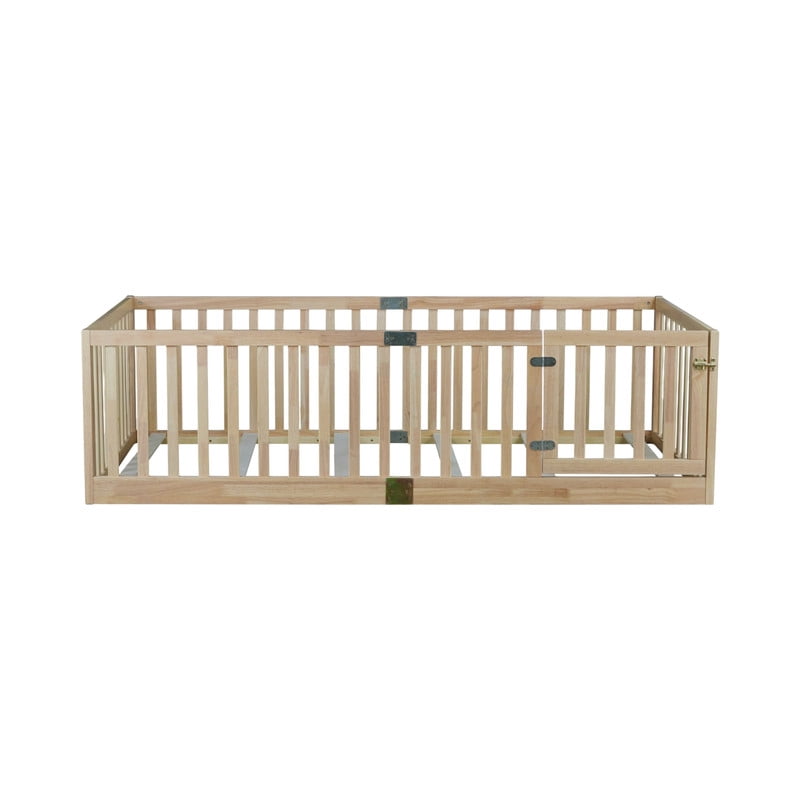 Mirightone Twin Size Floor Bed, Wood Montessori Floor Beds with High Fence Railings, Door & Slats Support, Twin Playhouse Bed Frame, No Box Spring Needed, Natural