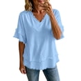thumbnail image 2 of QUNYINEY Summer Tshirt for Women Tassel Short Sleeve Cotton Linen Tops Loose Fit Solid Pullover Casual V Neck Shirts, 2 of 9