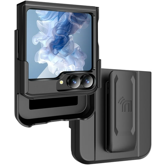 Rizz Case and Belt Clip Combo for Samsung Galaxy Z Flip 6 Phone, Nakedcellphone Rugged Hybrid Cover [with Hidden Hinge Panel Protection] and Rotating Holster Holder for Z Flip6 - Black