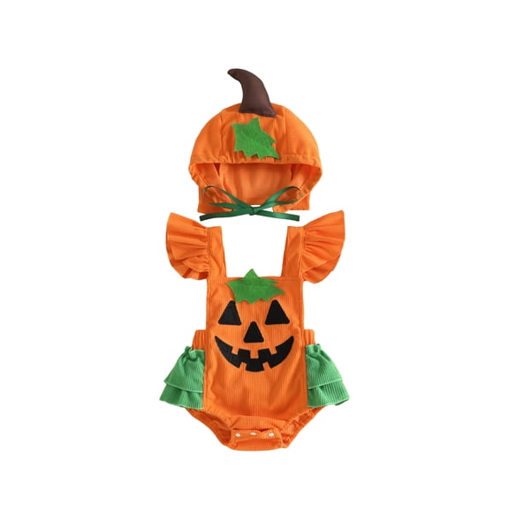 Cjfdfy Newborn Baby Girls Boy Halloween Outfits Corduroy Pumpkin Costume Flying Sleeve Romper And Pumpkin Hat Infant Cute My First Halloween Outfit 0-18 Months