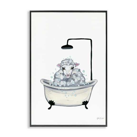 Stupell Industries Farm Sheep Bathtub Typography Painting Black Framed Art Print Wall Art, 12 x 18