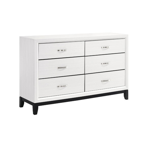 Benjara Ameya 58 Inch Wide Dresser, 6 Drawers Chrome, White Melamine, Black