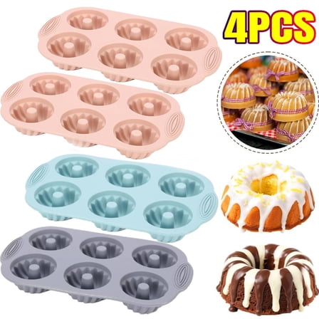 4 Pack Mini Bundt Cake Pan, 6 Cavity Heritage Bundtlette Cake Silicone Mold for Baking,Non Stick Fancy Molds for Fluted Tube Cake