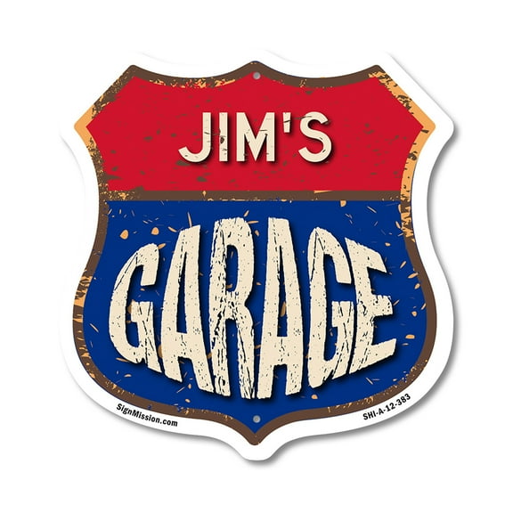 Jim's Garage 12 inch X 12 inch Shield-Shaped Rust-Free Aluminum Metal Sign Weather Resistant, UV Protected To last, Gift for Dads and Uncles Classic Americana Crafted in the USA