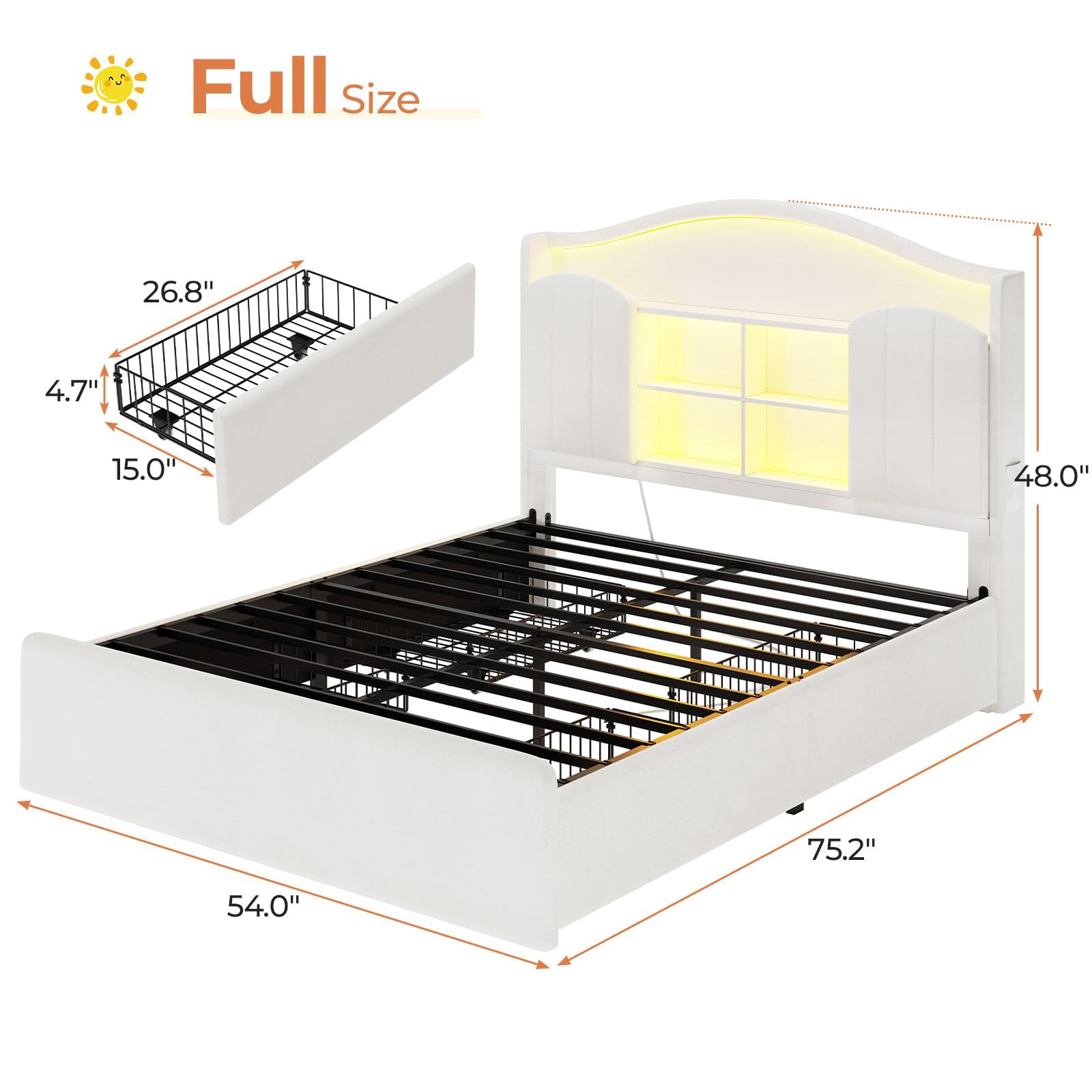 Afuhokles Velvet Upholstered Full Size Bed Frame with 4 Drawers and Hidden Storage Headboard, LED Lights and Charging Station,White