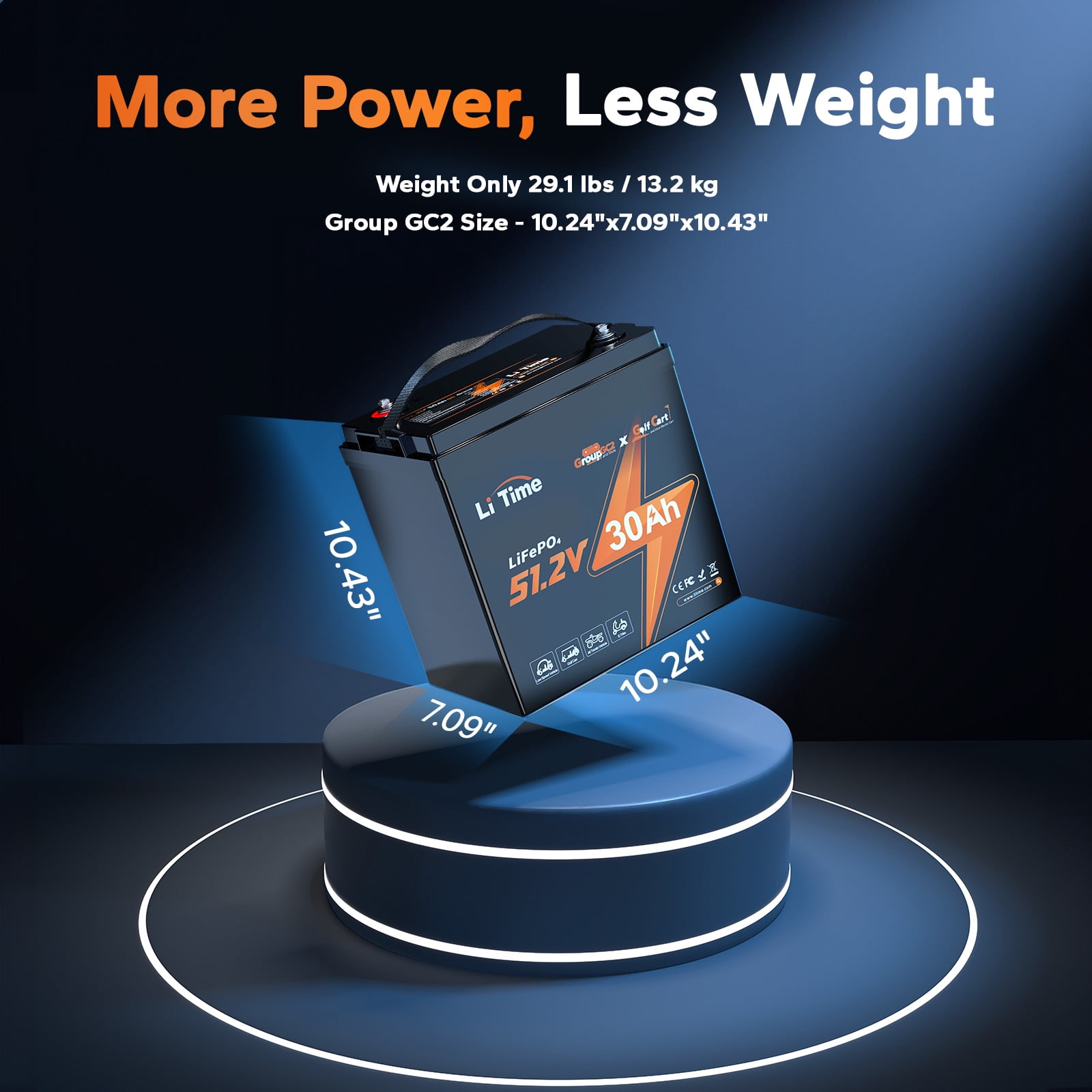 LiTime 48V (51.2V) 30Ah  LiFePO4 Golf Cart Battery up to 2kW Motor Max 3.07kW GC2 Lithium Battery