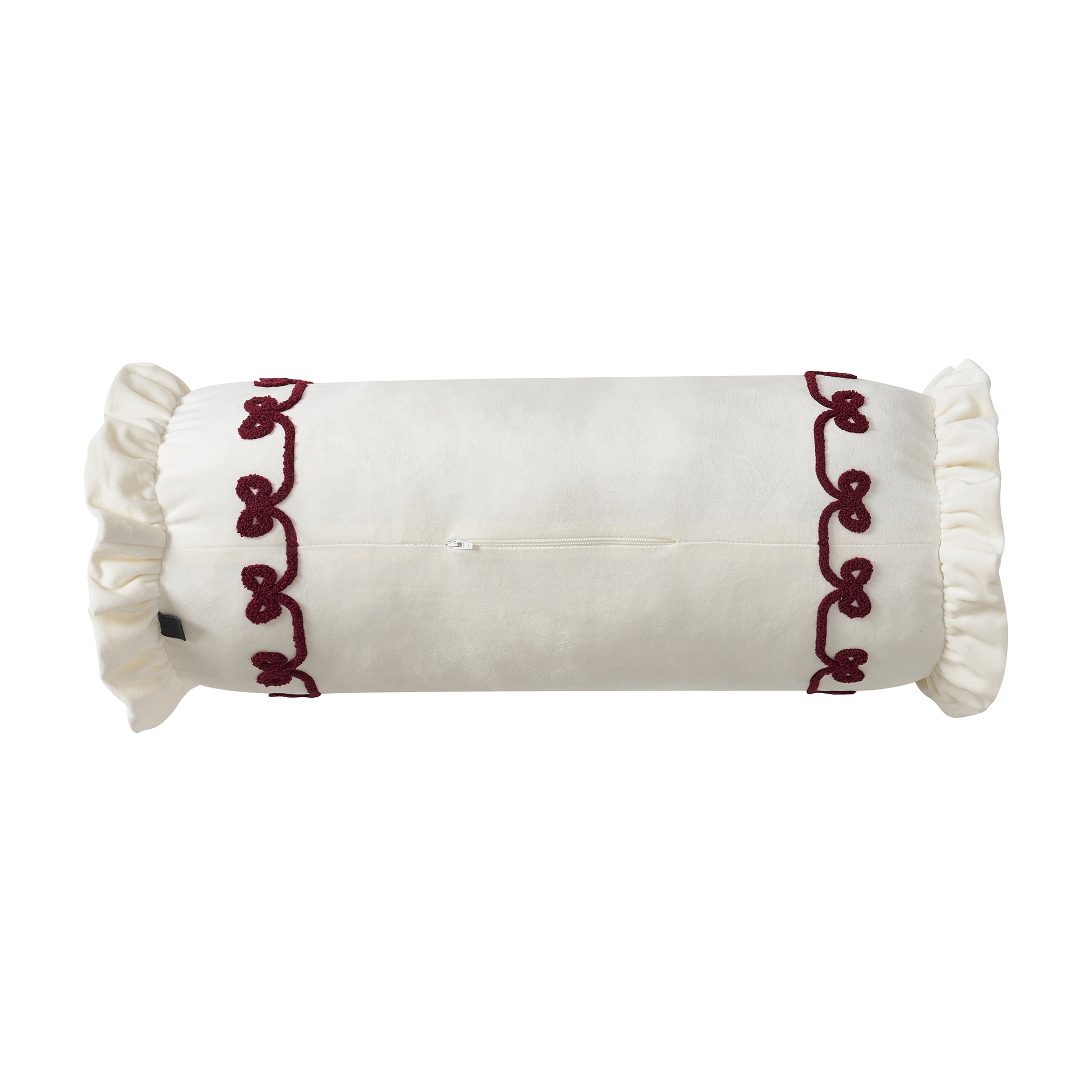 My Texas House 8" x 22" Ivory Velvet Ruffle Bolster Decorative Pillow