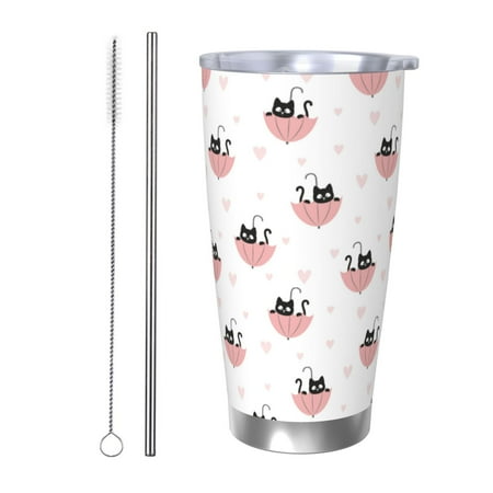 

Susaid Umbrella Cat Print 20oz Car Cup Insulated Coffee Cup Fully Spill Proof Travel Coffee Mug Stainless Steel Tumbler for Work Home Outdoor Car-Straw Two-piece Set