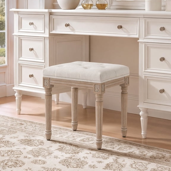 IRONHALL Linen Upholstered Tufted Makeup Bench with Hand Carved Solid Wood Legs, Decorative Bedroom Dressing Stool for Vanity Table