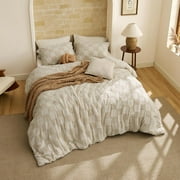 Queen Size Comforter Set Beige, Boho Tufted Bed Set, Checkered Farmhouse Shabby Chic Bedding, 3 Pieces, 1 Plaid Geometric Comforter and 2 Pillow Shams