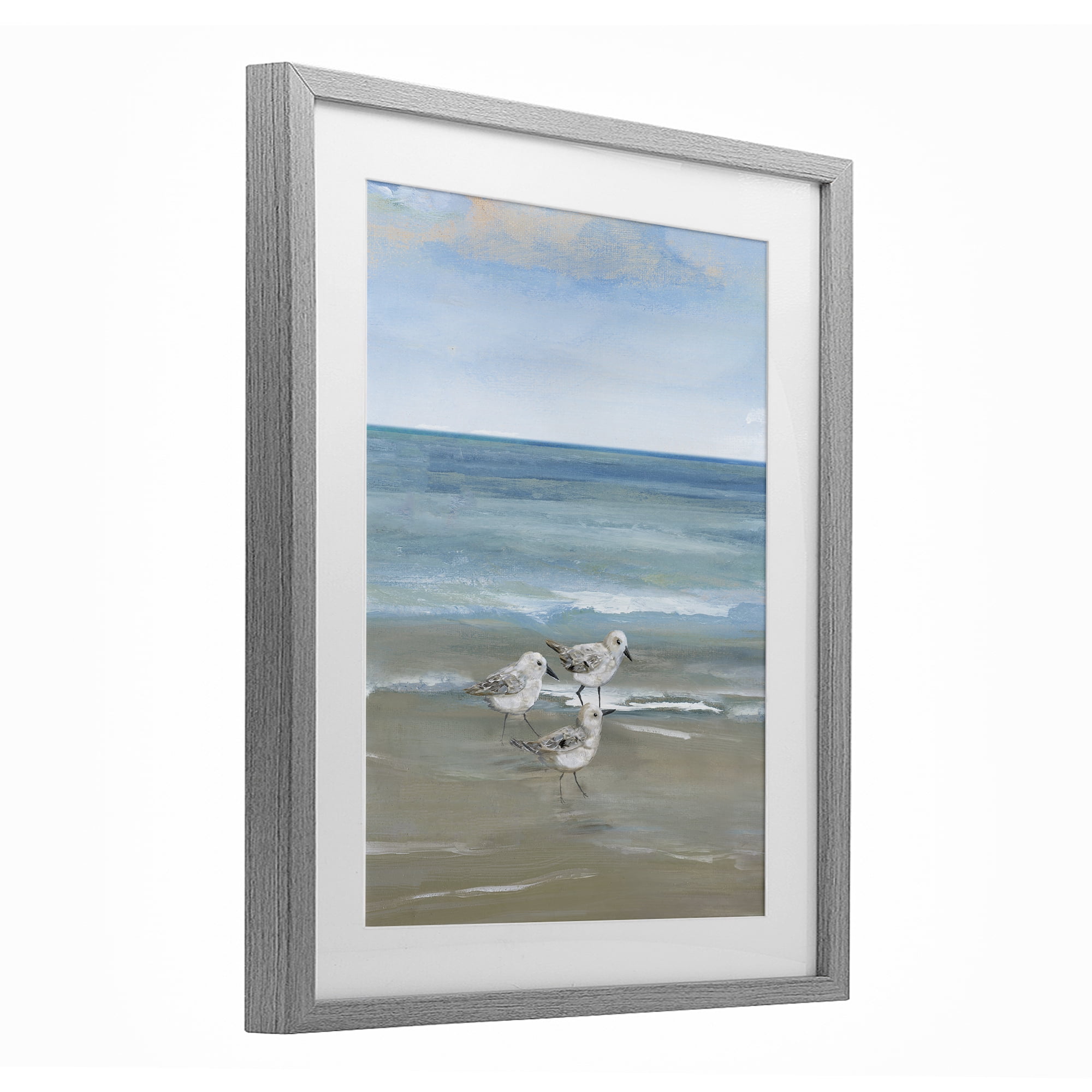Stupell Industries Three Shorebirds & Gentle Waves Gray Framed Print Under Glass, design by Nan