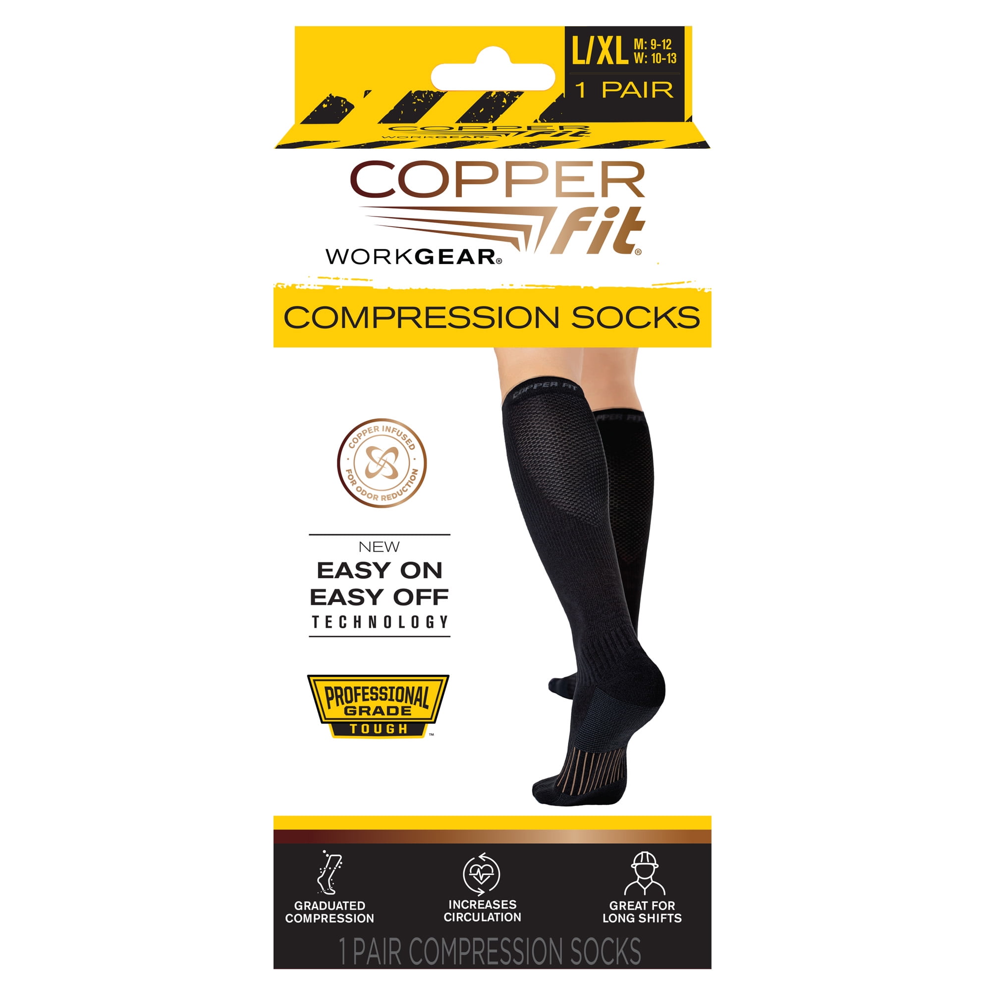 Copper Fit Work Gear Compression Socks, For Men and Women, Black, L/XL