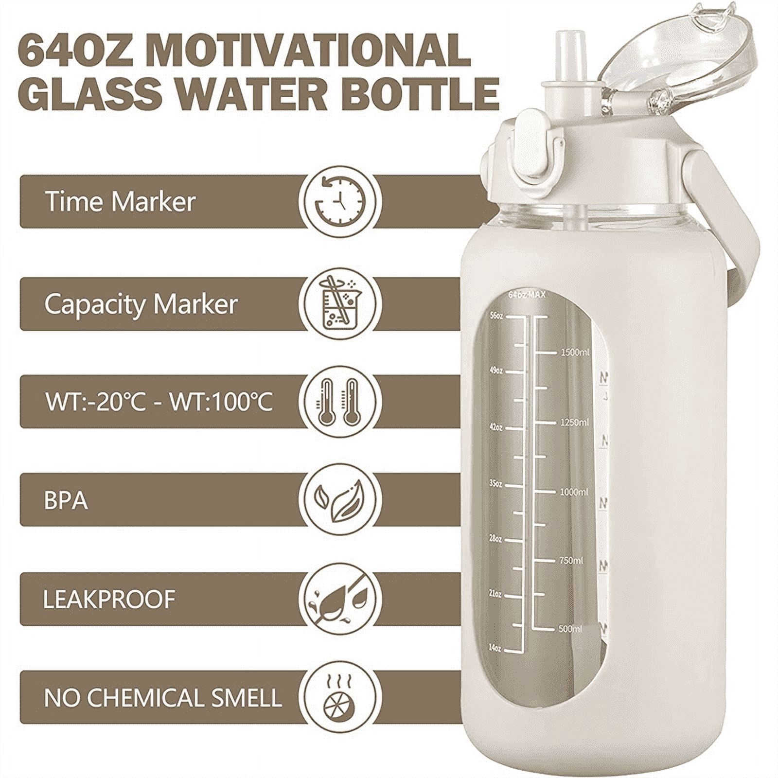 64Oz Glass Water Bottles with Straw, Glass Bottle with Silicone Sleeve and Time Marker, for Gym Home Office White