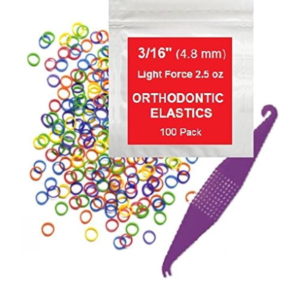 Orthodontic Elastic Rubber Bands - 3/16 Inch, Small, 100 Pack, (2.5 Ounce) for Braces, Dreadlocks, Hair Braids, Fix Tooth Gap, Includes Free Elastic Placer - Neon - Light