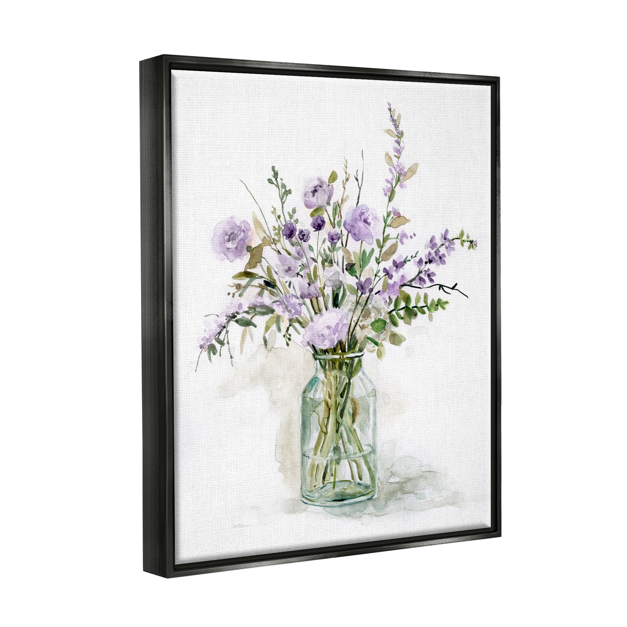 Stupell Industries Dainty Lavender Blooms Arrangement Classic Glass Vase Graphic Art Jet Black Floating Framed Canvas Print Wall Art, Design by Carol Robinson