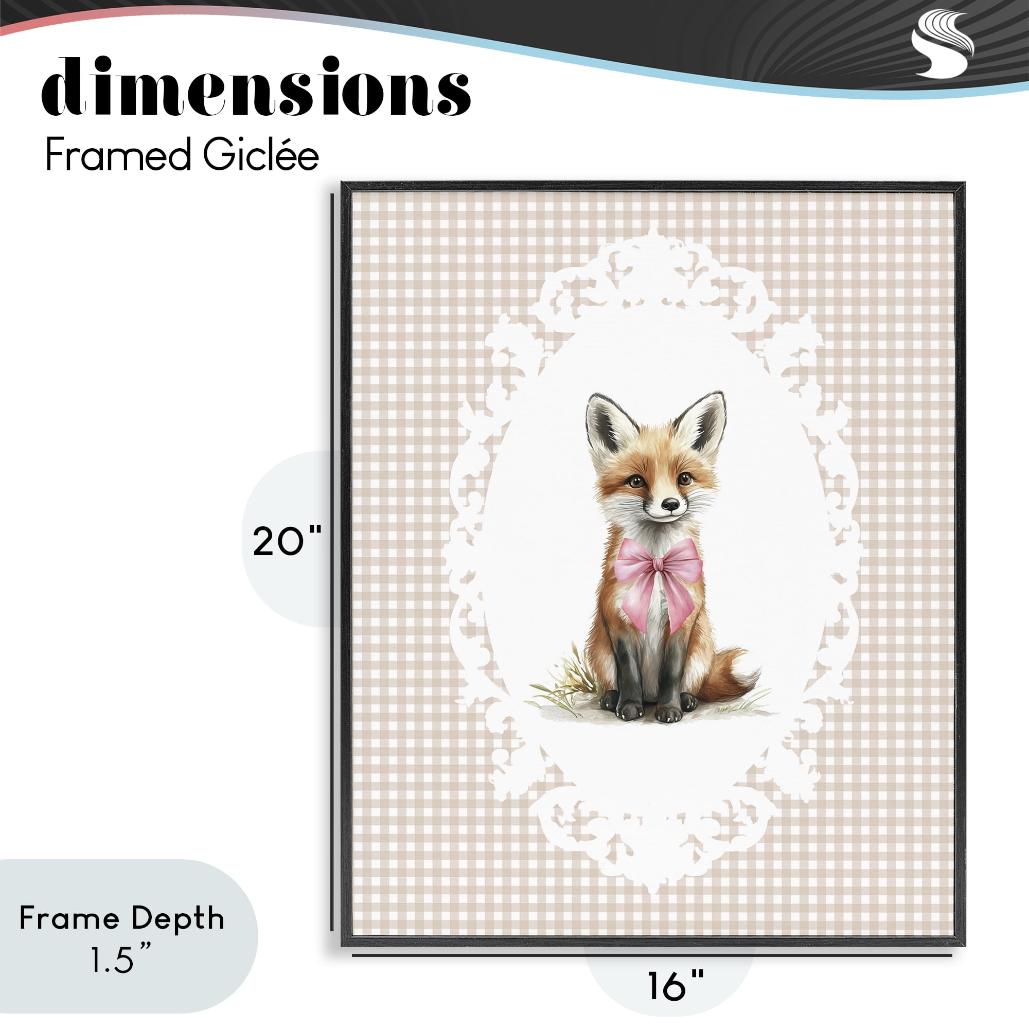 Stupell Industries Vintage Bow Fox on Gingham Black Framed Giclee Art, design by Christine Simpson Art