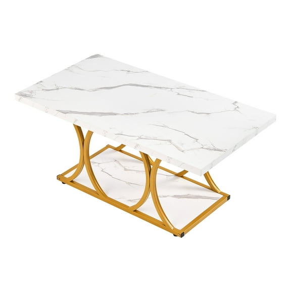 KFFKFF Modern Faux Marble Coffee Table, 2-Tier Rectangular Center Table with Geometric Metal Legs, Minimalist Design for Living Room or Office, Durable and Easy to Assemble, White