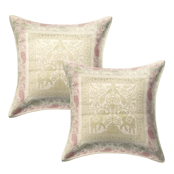 Stylo Culture Indian Chair Seat Throw Pillow Covers 16 x 16 Jacquard Peacock White Square 40cm x 40cm Home Decor Brocade Elephant Zippered Cushion Covers | Set Of 2