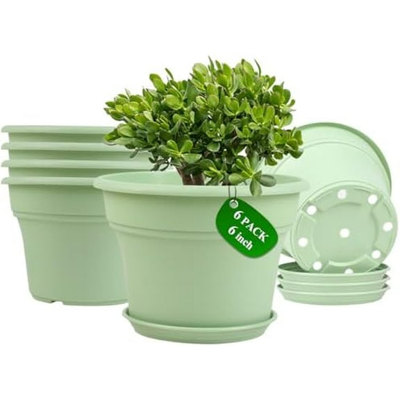 6 Inch Plastic-Flower Pot-for-Indoor Plants, 6 Pack Outdoor Plant Pots with Drainage Holes & Saucers, Resin Garden Pots Planters