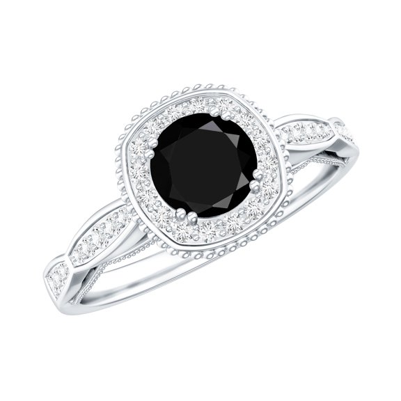 Rosec Jewels Vintage Style Black Onyx Engagement Ring for Women - AAA Quality - Real Black Onyx Diamond Ring - with Jewelry Box, 925 Sterling Silver, US 4.00