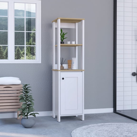 59" Tall Linen Single Door Entryway Cabinet, 2 Interior Shelves, Open Oak/white, Modern, Particle Board 59.09" Height, Internal Modern Fascinating,