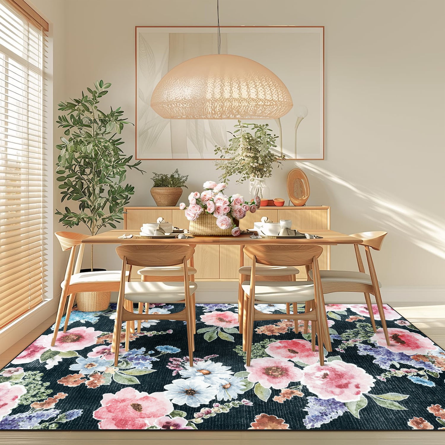 Wondo 5x8 Washable Floral Rug, Bright Floral Pattern Bohemian Rug for Bedroom, Low Pile Non-Slip Decorative Rug for Living Room, Kids Room, Office, Dining Room, Black