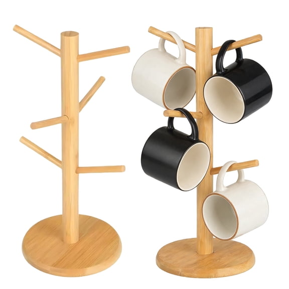 2 Pcs Wood Tree Shaped Mug Holder, 6-Hook Cup Drying Rack, Donut Stand, 13.5 in Kitchen Counter Coffee Mug Display Stand, Bagel Pretzel Holder