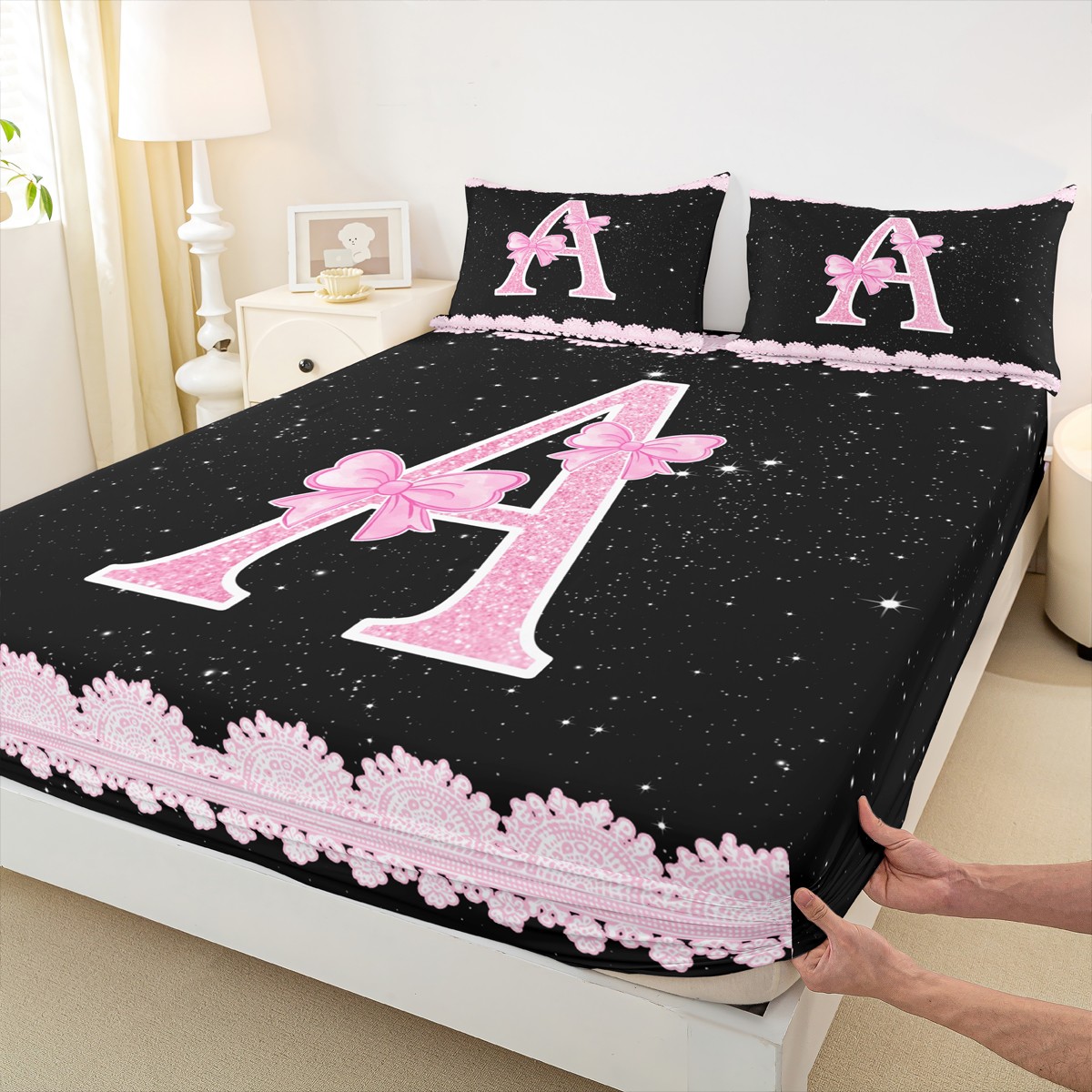 Manfei Letter Z Monogrammed Full Sheet Set (4-Piece) Pink Bow