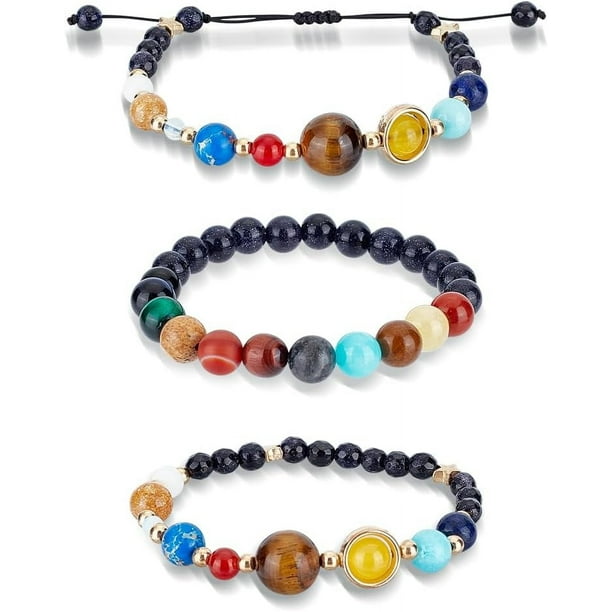 Pulsera de 3 planetas para mujer, pulsera del sistema solar, universo, galaxia, los ocho planetas, estrella guardiana, cuentas de piedra natural, brazalete, joyería unisex, regalos