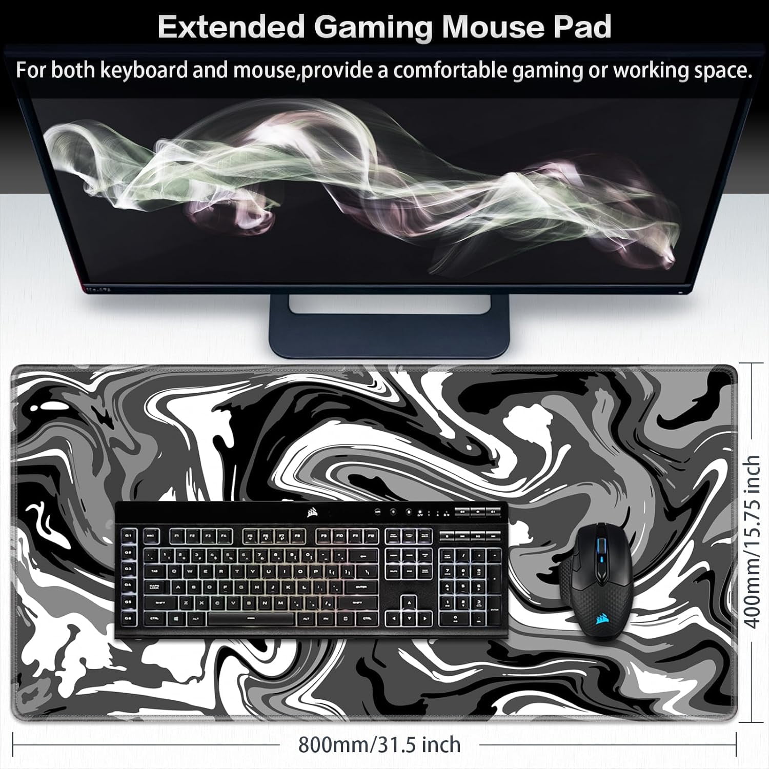 Gaming Mouse Pad, Fluid Pattern Mouse Pad 31.5x15.7inch Large Extended Computer Mouse Mat Keyboard Full Desk Mousepad for Gaming, Office, Home